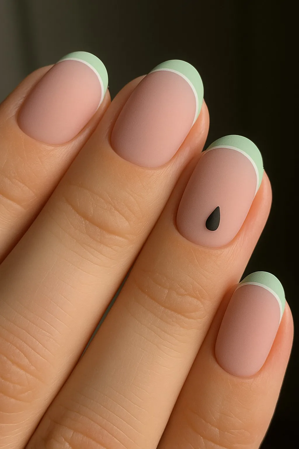 Pink nails with green French tips and a tiny black seed accent