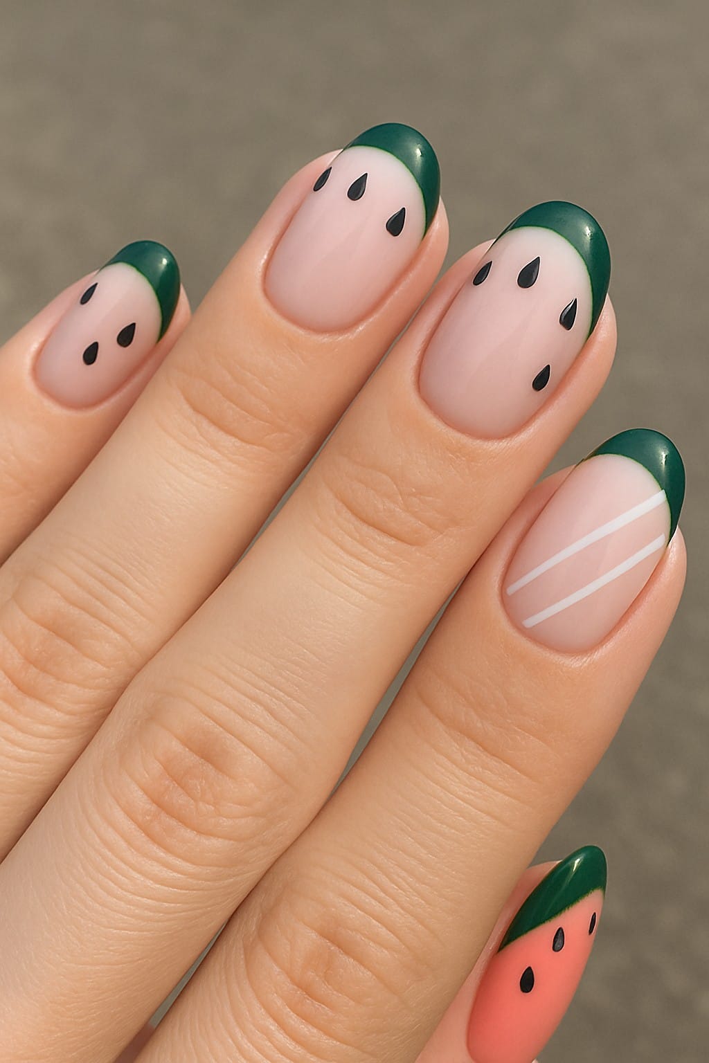 Watermelon French nail art with green tips and black seeds