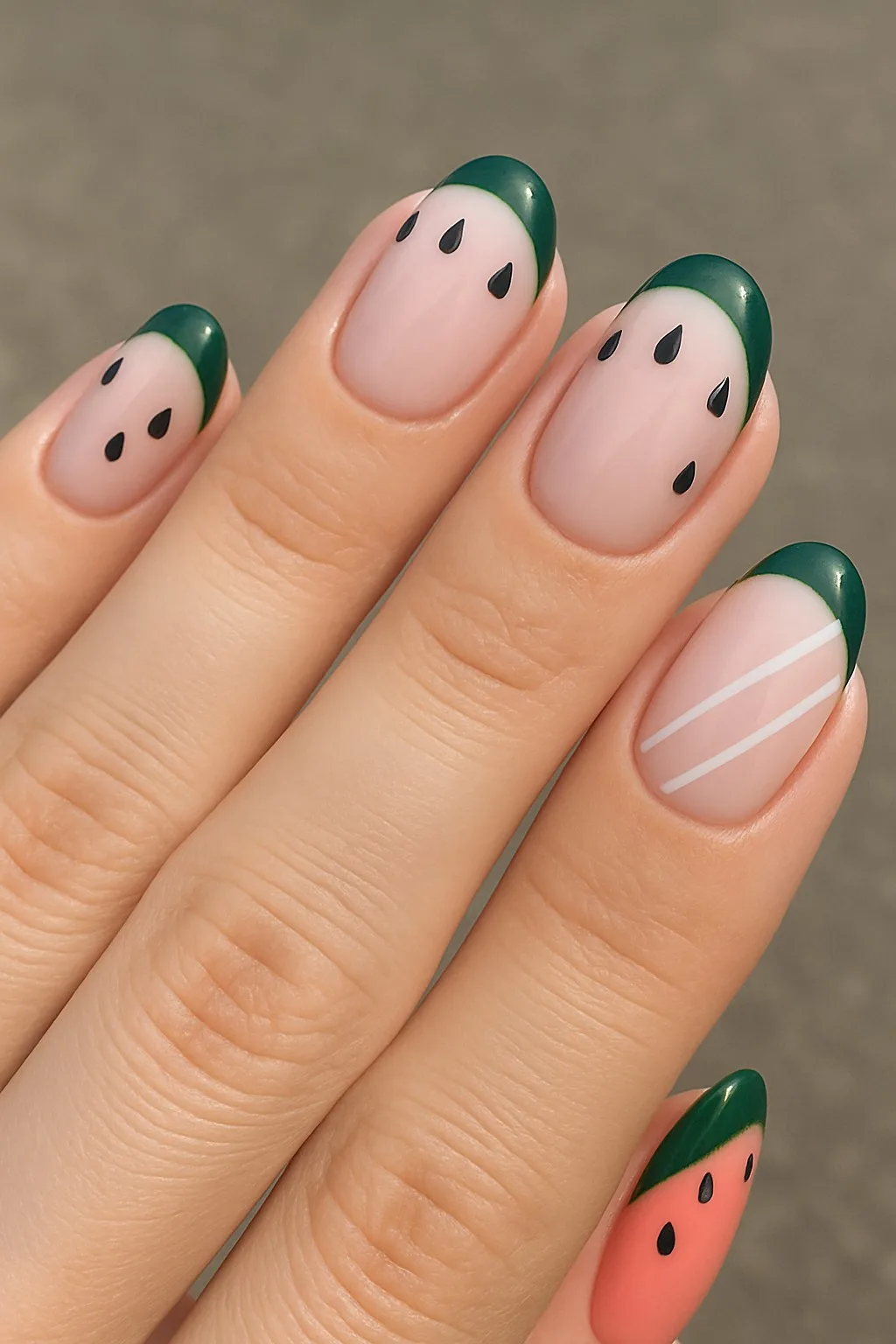 Watermelon French nail art with green tips and black seeds