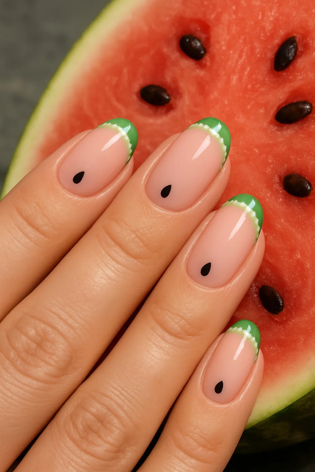 Watermelon-inspired nails with green tips and black seed accents