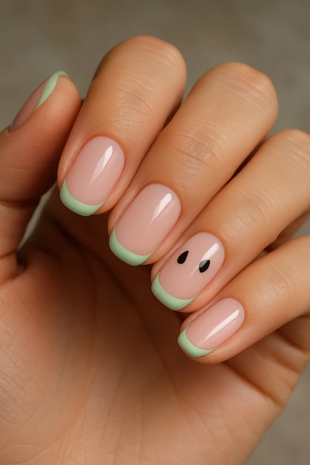 Pastel green French tips with black watermelon seed accents