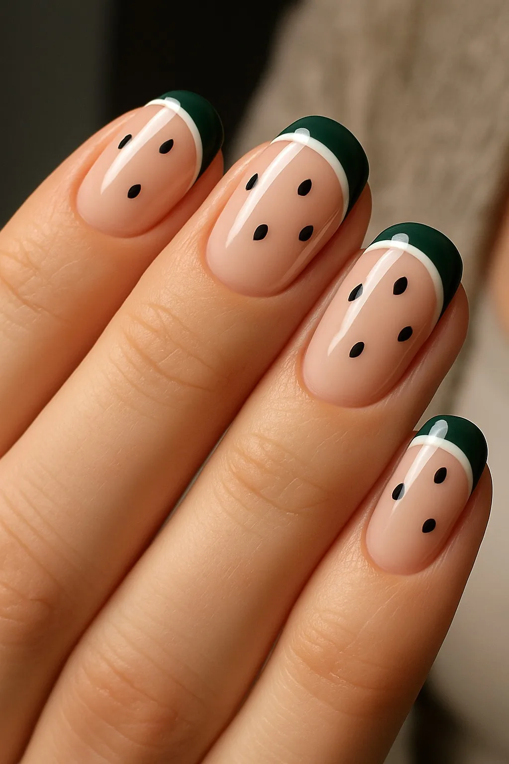 Watermelon-inspired nail art with green tips and black seed accents